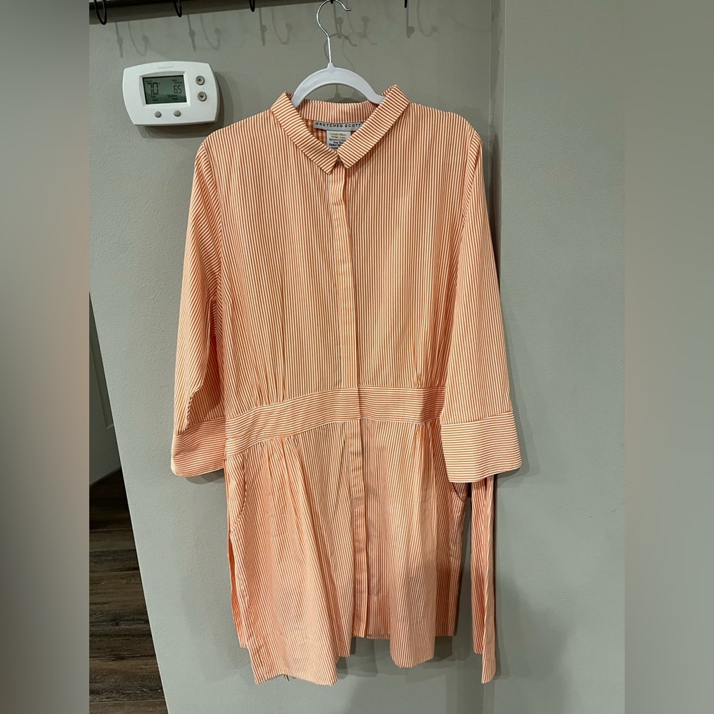 Gretchen Scott Orange and white striped shirt dress
